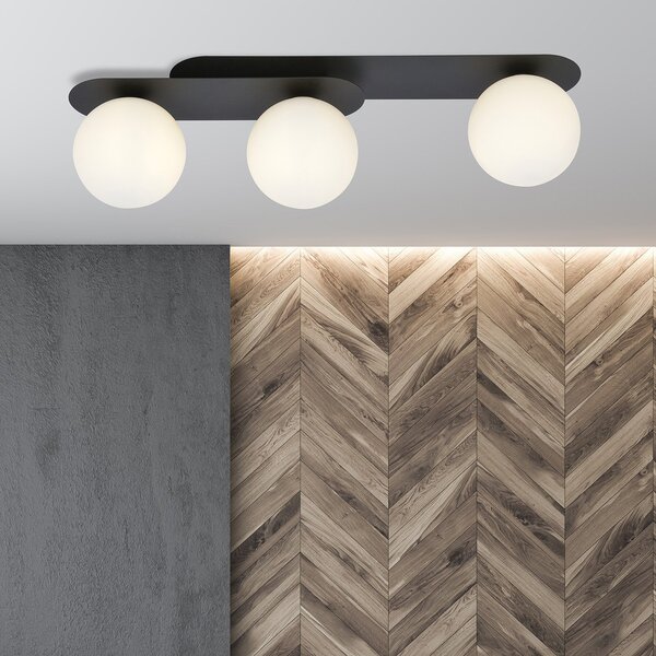 Plafoniera Minimal 3 Luci Patroclus In Acciaio Nero E Sfere Vetro Opale