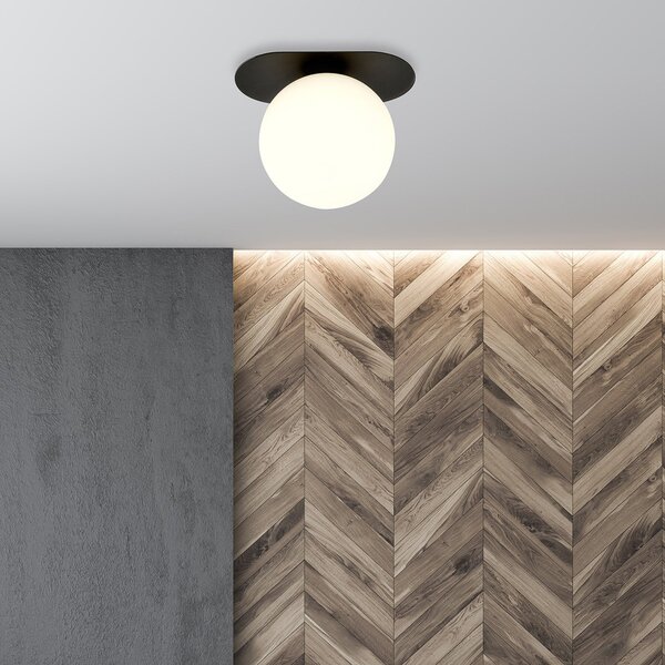 Plafoniera Minimal 1 Luce Patroclus In Acciaio Nero E Sfera Vetro Opale