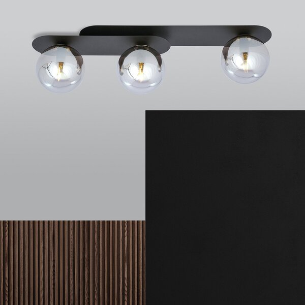 Plafoniera Minimal 3 Luci Patroclus In Acciaio Nero E Sfere Vetro Fumè