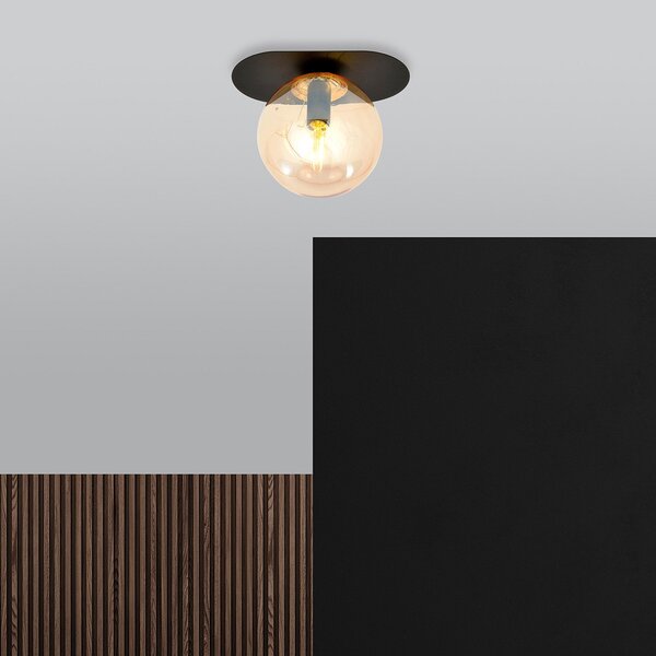 Plafoniera Minimal 1 Luce Patroclus In Acciaio Nero E Sfera Vetro Ambra