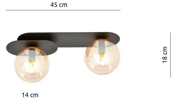 Plafoniera Minimal 2 Luci Patroclus In Acciaio Nero E Sfere Vetro Ambra