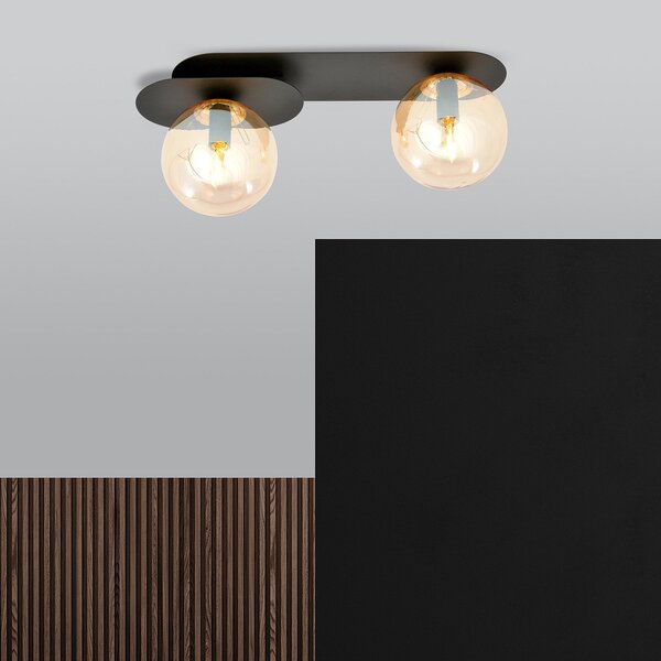 Plafoniera Minimal 2 Luci Patroclus In Acciaio Nero E Sfere Vetro Ambra