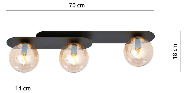 Plafoniera Minimal 3 Luci Patroclus In Acciaio Nero E Sfere Vetro Ambra