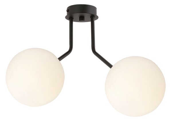 Plafoniera Moderna 2 Luci Themis In Acciaio Nero E Sfere Vetro Opale