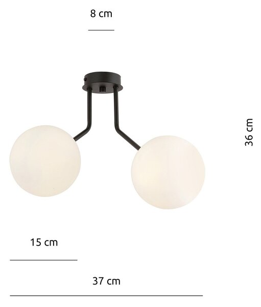 Plafoniera Moderna 2 Luci Themis In Acciaio Nero E Sfere Vetro Opale