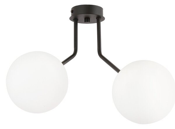 Plafoniera Moderna 2 Luci Themis In Acciaio Nero E Sfere Vetro Opale