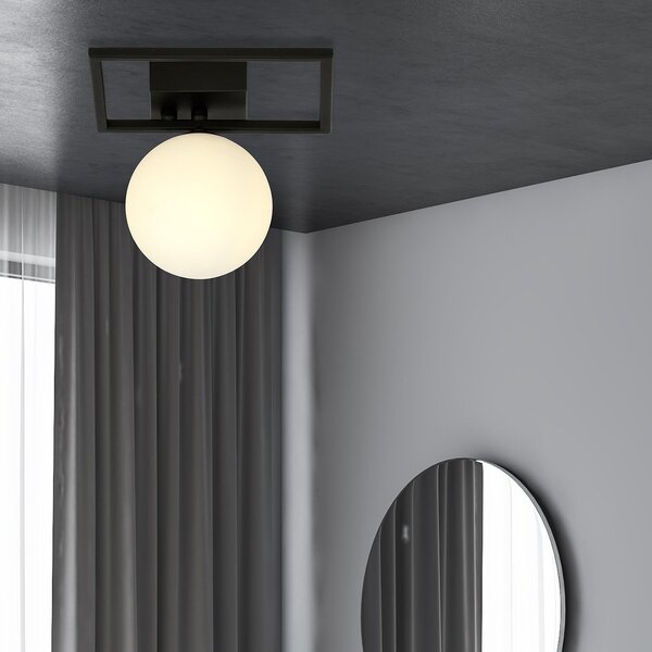 Plafoniera Moderna 1 Luce Perseo 1130/1E Acciaio Nero Vetro Opale