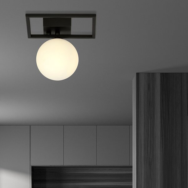 Plafoniera Moderna 1 Luce Perseo 1130/1E Acciaio Nero Vetro Opale