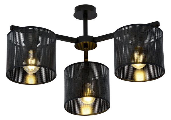 Plafoniera Industrial 3 Luci Puro Acciaio Nero E Paralumi A Cilindro