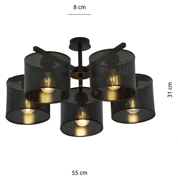 Plafoniera Industrial 5 Luci Puro Acciaio Nero E Paralumi A Cilindro