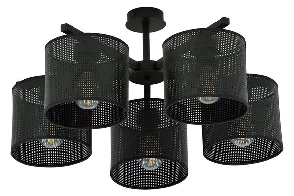 Plafoniera Industrial 5 Luci Puro Acciaio Nero E Paralumi A Cilindro
