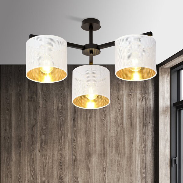 Plafoniera Industrial 3 Luci Puro Acciaio Bianco E Paralumi A Cilindro Oro