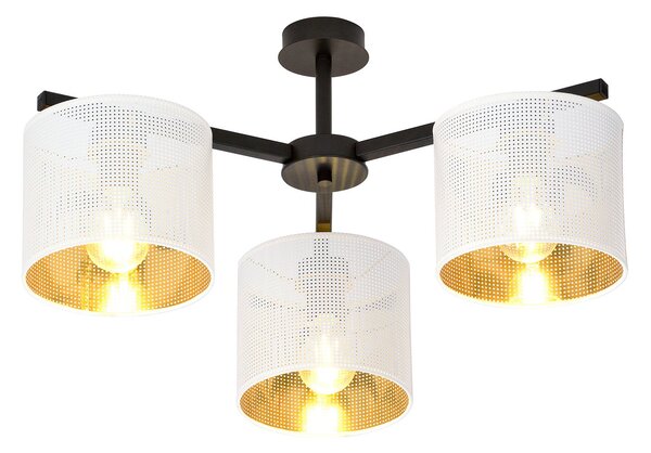 Plafoniera Industrial 3 Luci Puro Acciaio Bianco E Paralumi A Cilindro Oro