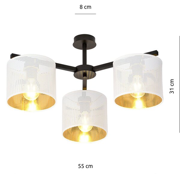 Plafoniera Industrial 3 Luci Puro Acciaio Bianco E Paralumi A Cilindro Oro