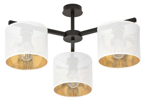 Plafoniera Industrial 3 Luci Puro Acciaio Bianco E Paralumi A Cilindro Oro