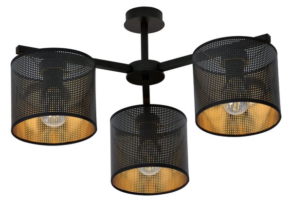 Plafoniera Industrial 3 Luci Puro Acciaio Nero E Paralumi A Cilindro Oro