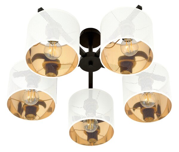 Plafoniera Industrial 5 Luci Puro Acciaio Bianco E Paralumi A Cilindro Oro
