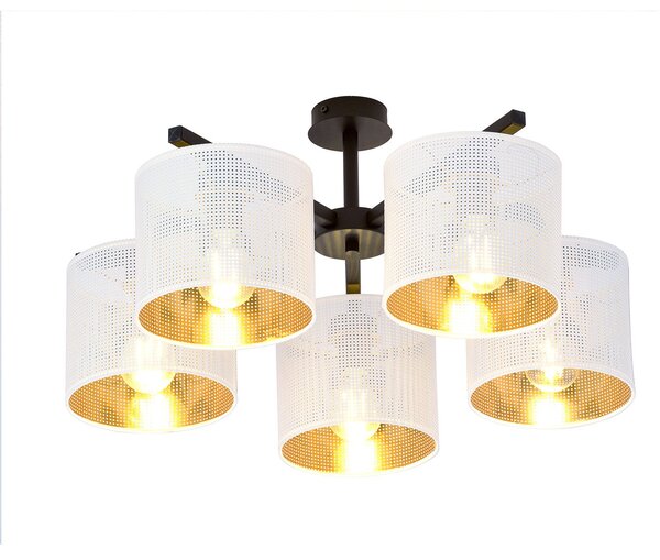 Plafoniera Industrial 5 Luci Puro Acciaio Bianco E Paralumi A Cilindro Oro