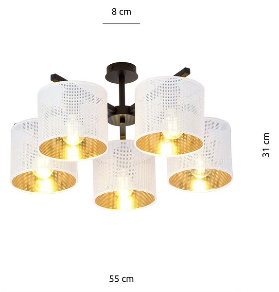 Plafoniera Industrial 5 Luci Puro Acciaio Bianco E Paralumi A Cilindro Oro