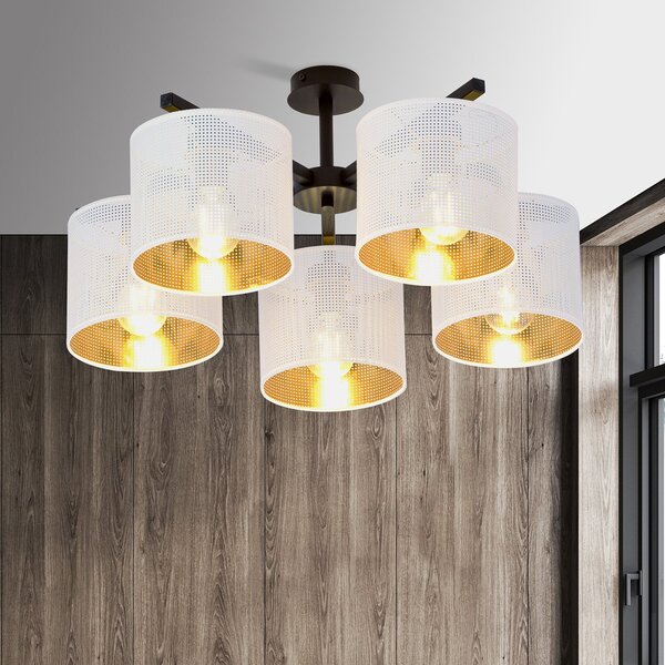 Plafoniera Industrial 5 Luci Puro Acciaio Bianco E Paralumi A Cilindro Oro