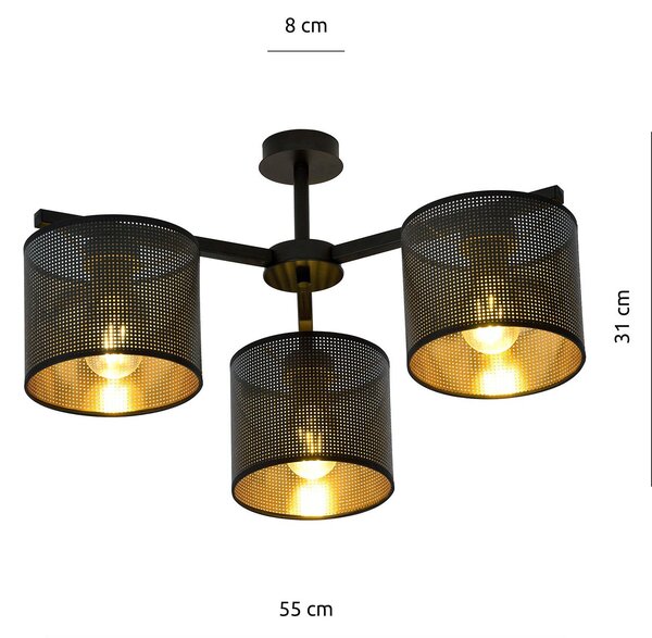 Plafoniera Industrial 3 Luci Puro Acciaio Nero E Paralumi A Cilindro Oro