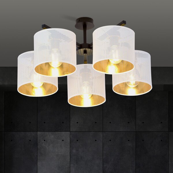 Plafoniera Industrial 5 Luci Puro Acciaio Bianco E Paralumi A Cilindro Oro