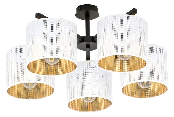 Plafoniera Industrial 5 Luci Puro Acciaio Bianco E Paralumi A Cilindro Oro