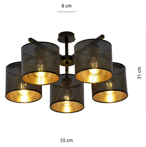 Plafoniera Industrial 5 Luci Puro Acciaio Nero E Paralumi A Cilindro Oro