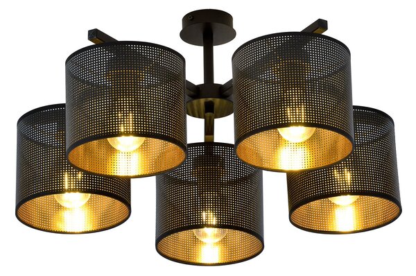 Plafoniera Industrial 5 Luci Puro Acciaio Nero E Paralumi A Cilindro Oro