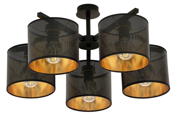 Plafoniera Industrial 5 Luci Puro Acciaio Nero E Paralumi A Cilindro Oro