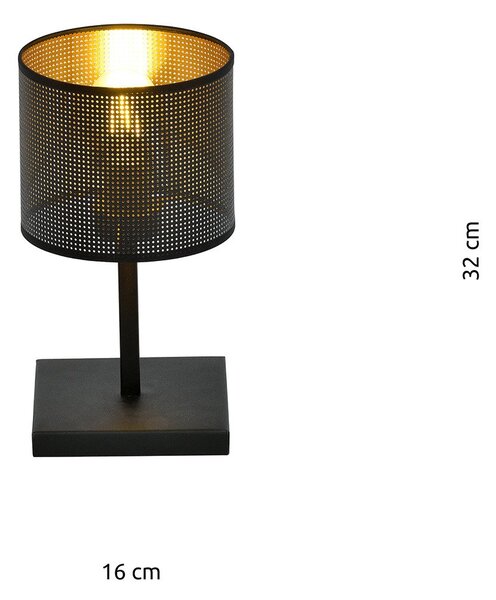 Lampada Da Tavolo 1 Luce Puro Acciaio Nero E Paralume A Cilindro Oro