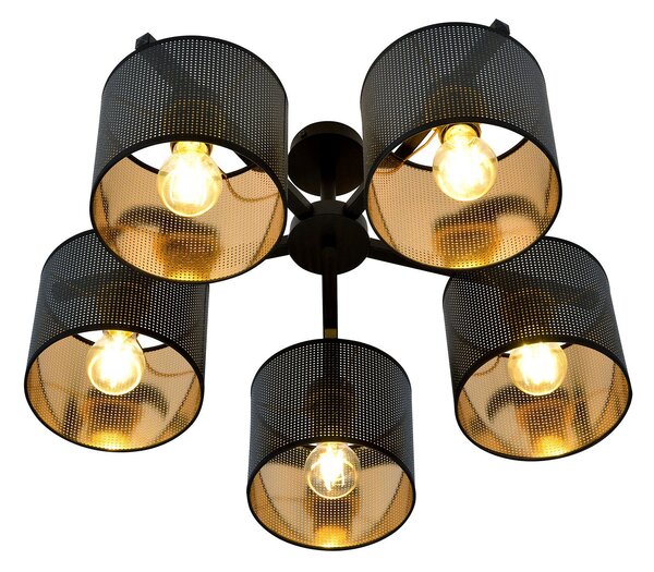 Plafoniera Industrial 5 Luci Puro Acciaio Nero E Paralumi A Cilindro Oro