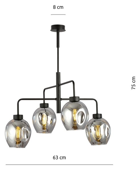 Lampadario Moderno 4 Luci Eritonio In Accaio Nero E Vetro Fumè