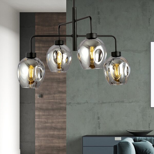 Lampadario Moderno 4 Luci Eritonio In Accaio Nero E Vetro Fumè