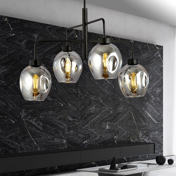 Lampadario Moderno 4 Luci Eritonio In Accaio Nero E Vetro Fumè