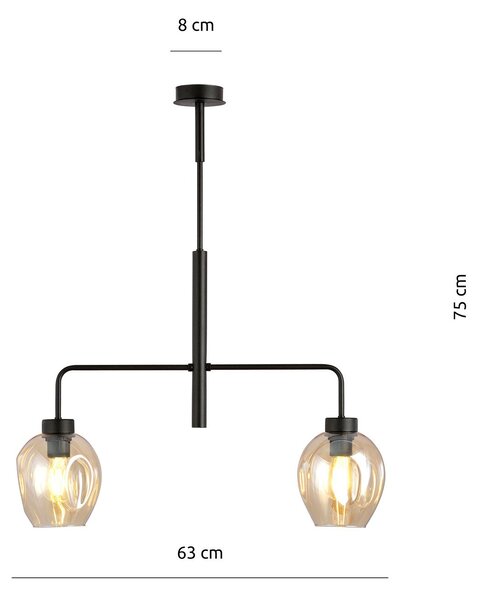 Lampadario Moderno 2 Luci Eritonio In Accaio Nero E Vetro Ambra