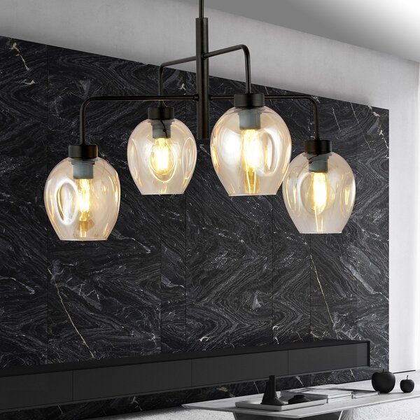 Lampadario Moderno 4 Luci Eritonio In Accaio Nero E Vetro Ambra