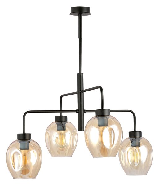 Lampadario Moderno 4 Luci Eritonio In Accaio Nero E Vetro Ambra