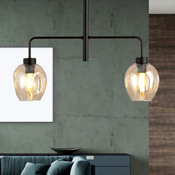Lampadario Moderno 2 Luci Eritonio In Accaio Nero E Vetro Ambra