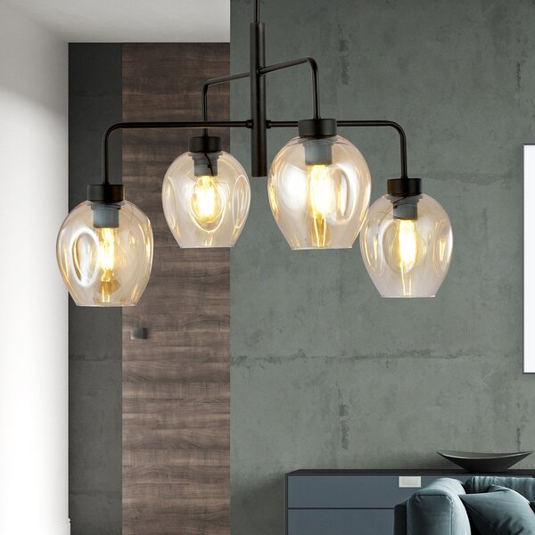 Lampadario Moderno 4 Luci Eritonio In Accaio Nero E Vetro Ambra
