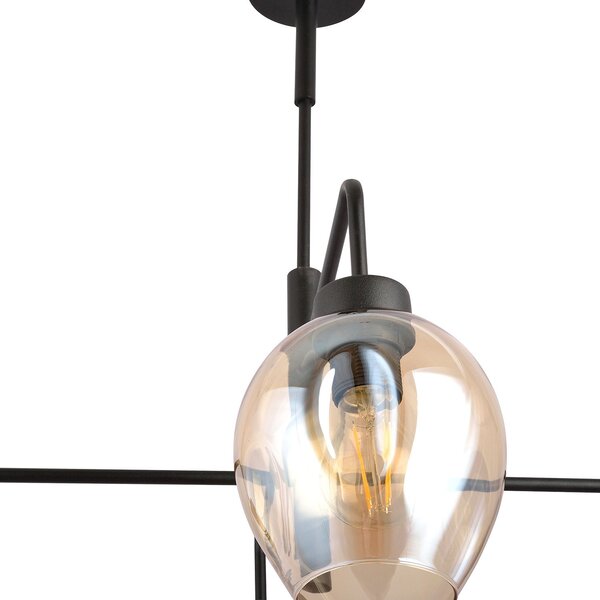 Lampadario Moderno 4 Luci Eritonio In Accaio Nero E Vetro Ambra