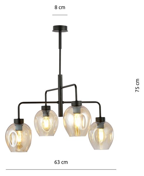 Lampadario Moderno 4 Luci Eritonio In Accaio Nero E Vetro Ambra