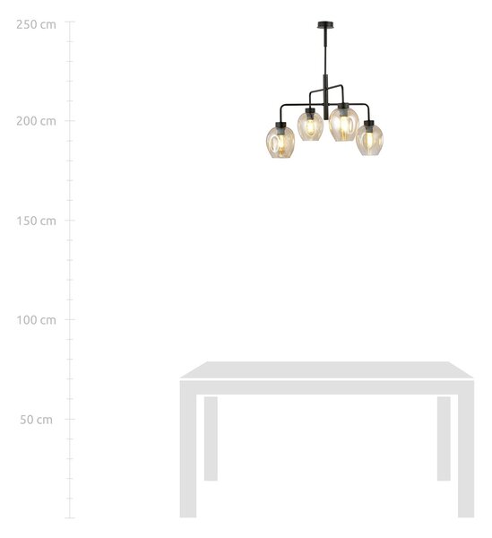 Lampadario Moderno 4 Luci Eritonio In Accaio Nero E Vetro Ambra
