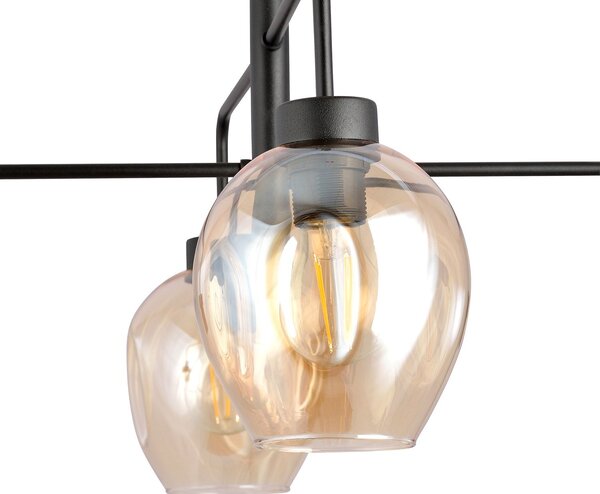 Lampadario Moderno 4 Luci Eritonio In Accaio Nero E Vetro Ambra