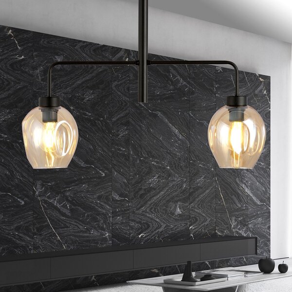 Lampadario Moderno 2 Luci Eritonio In Accaio Nero E Vetro Ambra