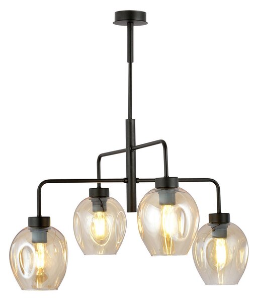 Lampadario Moderno 4 Luci Eritonio In Accaio Nero E Vetro Ambra