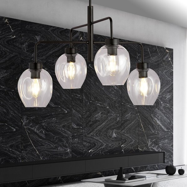 Lampadario Moderno 4 Luci Eritonio In Accaio Nero E Vetro Trasparente