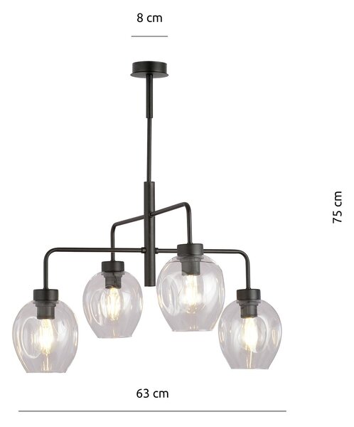 Lampadario Moderno 4 Luci Eritonio In Accaio Nero E Vetro Trasparente