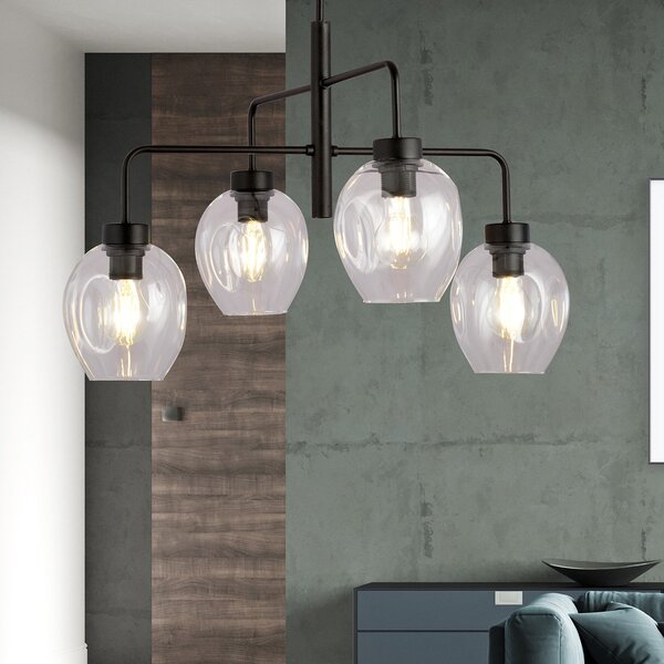Lampadario Moderno 4 Luci Eritonio In Accaio Nero E Vetro Trasparente