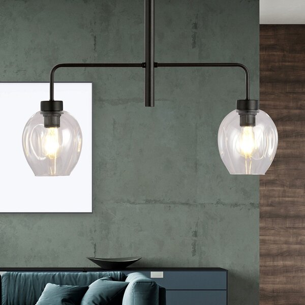 Lampadario Moderno 2 Luci Eritonio In Accaio Nero E Vetro Trasparente